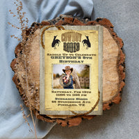 Rodeo Cowboy Rustic Wood Photo Birthday Invitation Printed