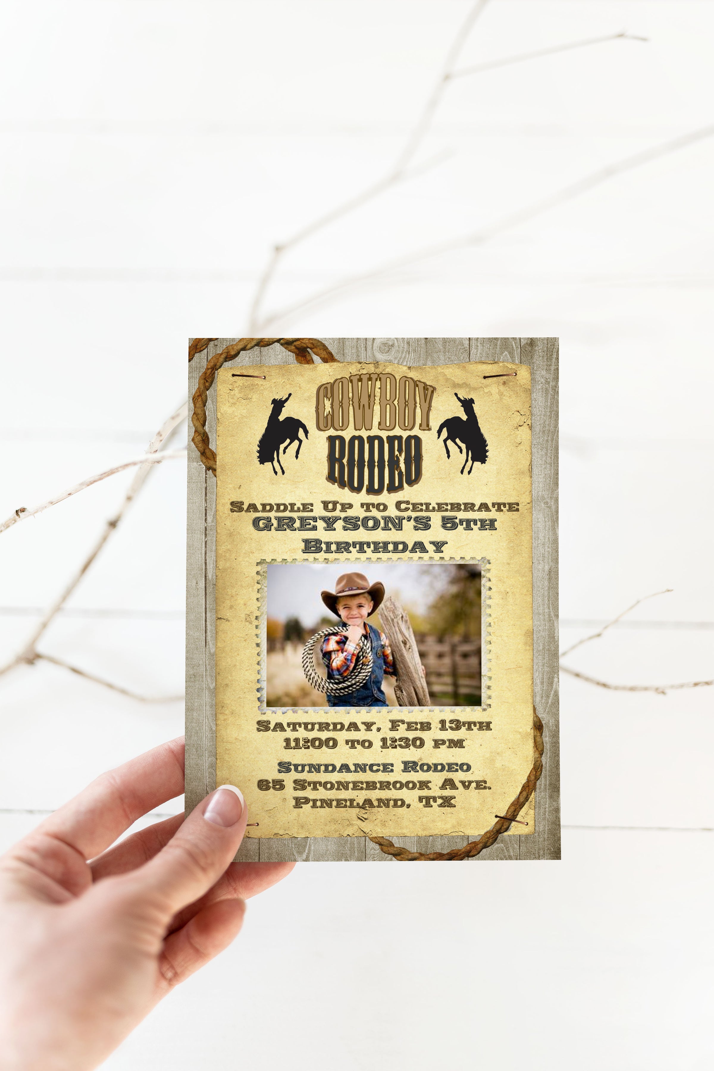 Rodeo Cowboy Rustic Wood Photo Birthday Invitation Printed