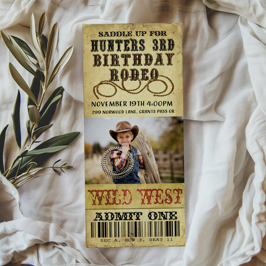 Western Rodeo Custom Photo Ticket Birthday Invitation