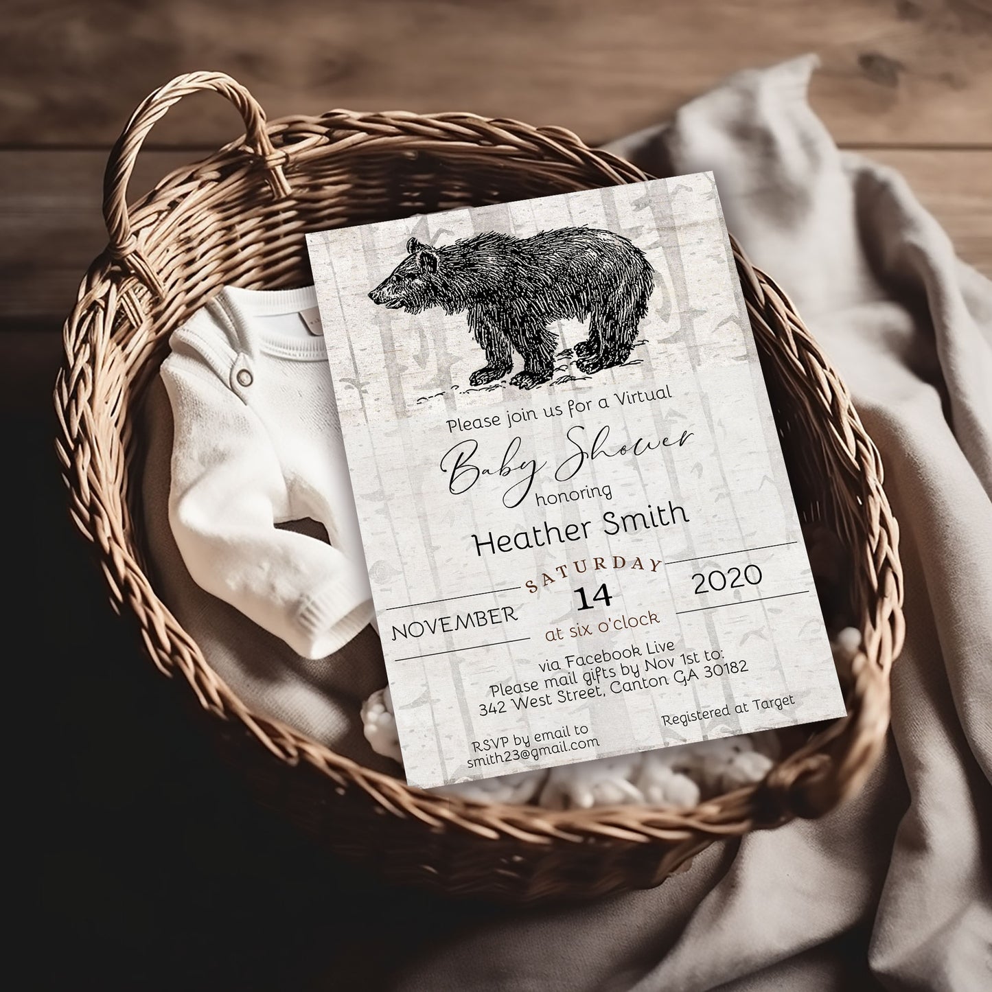 Rustic Bear Baby Birch Tree Shower Invitation