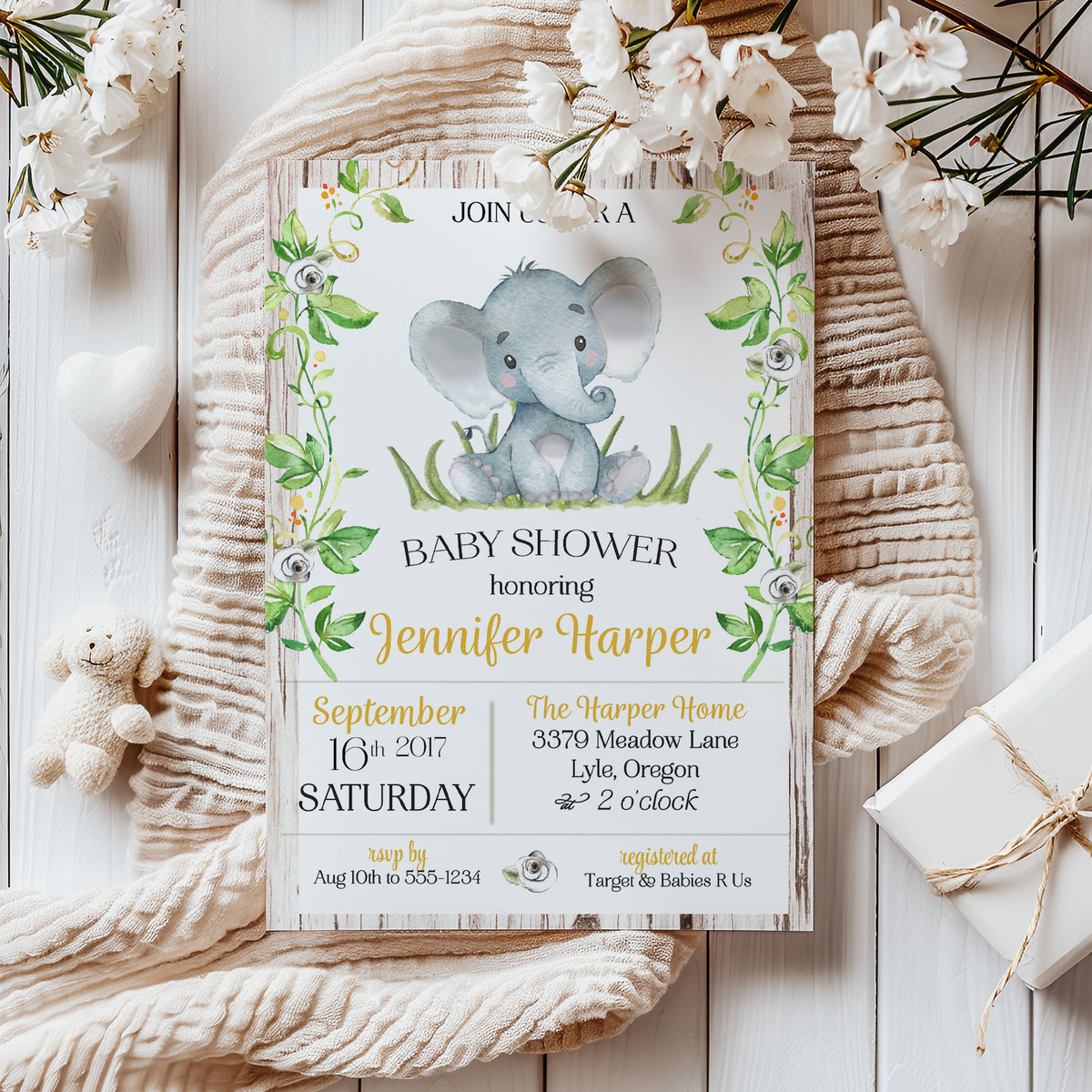 Rustic Elephant Gender Neutral Yellow Baby Shower Invitation