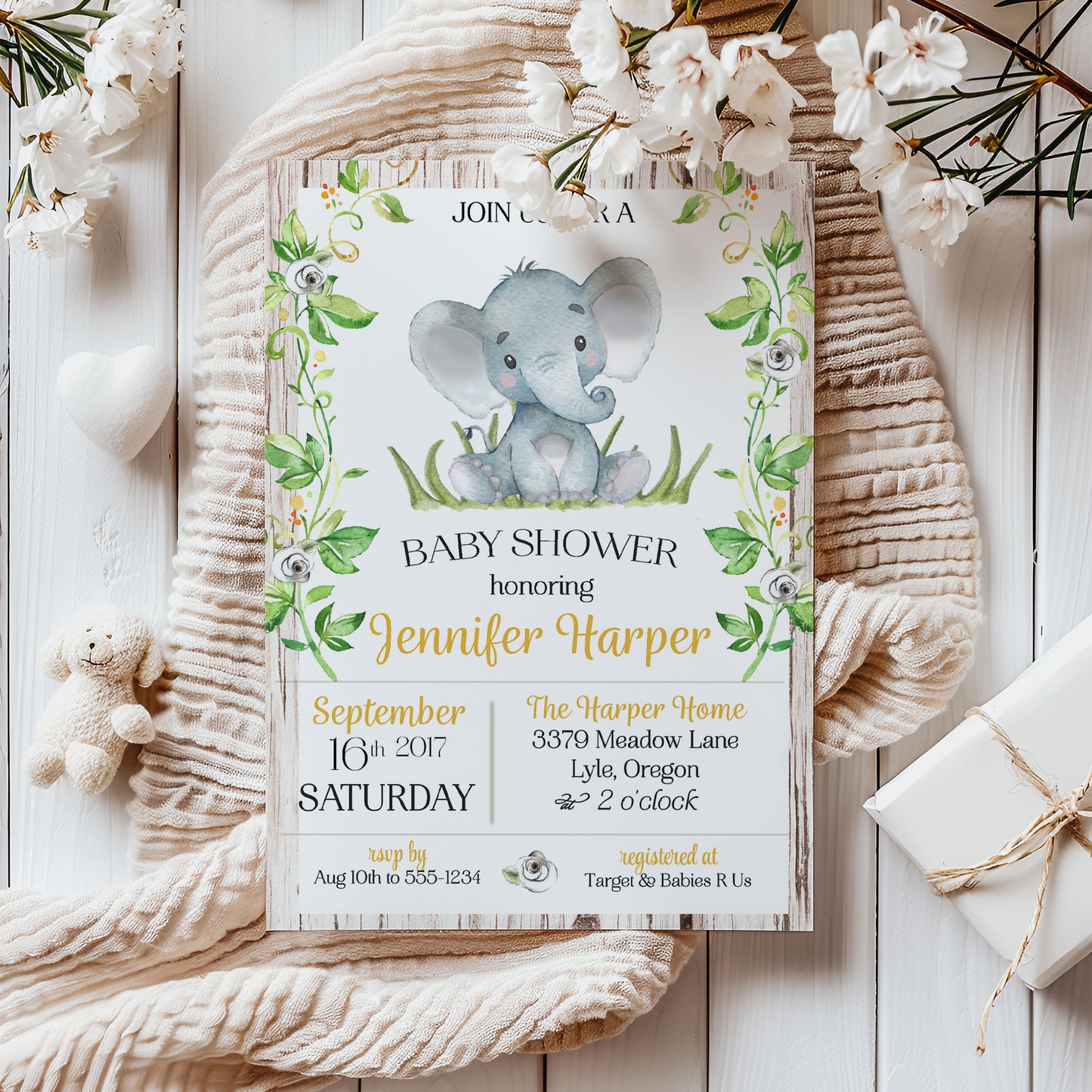 Rustic Elephant Gender Neutral Yellow Baby Shower Invitation
