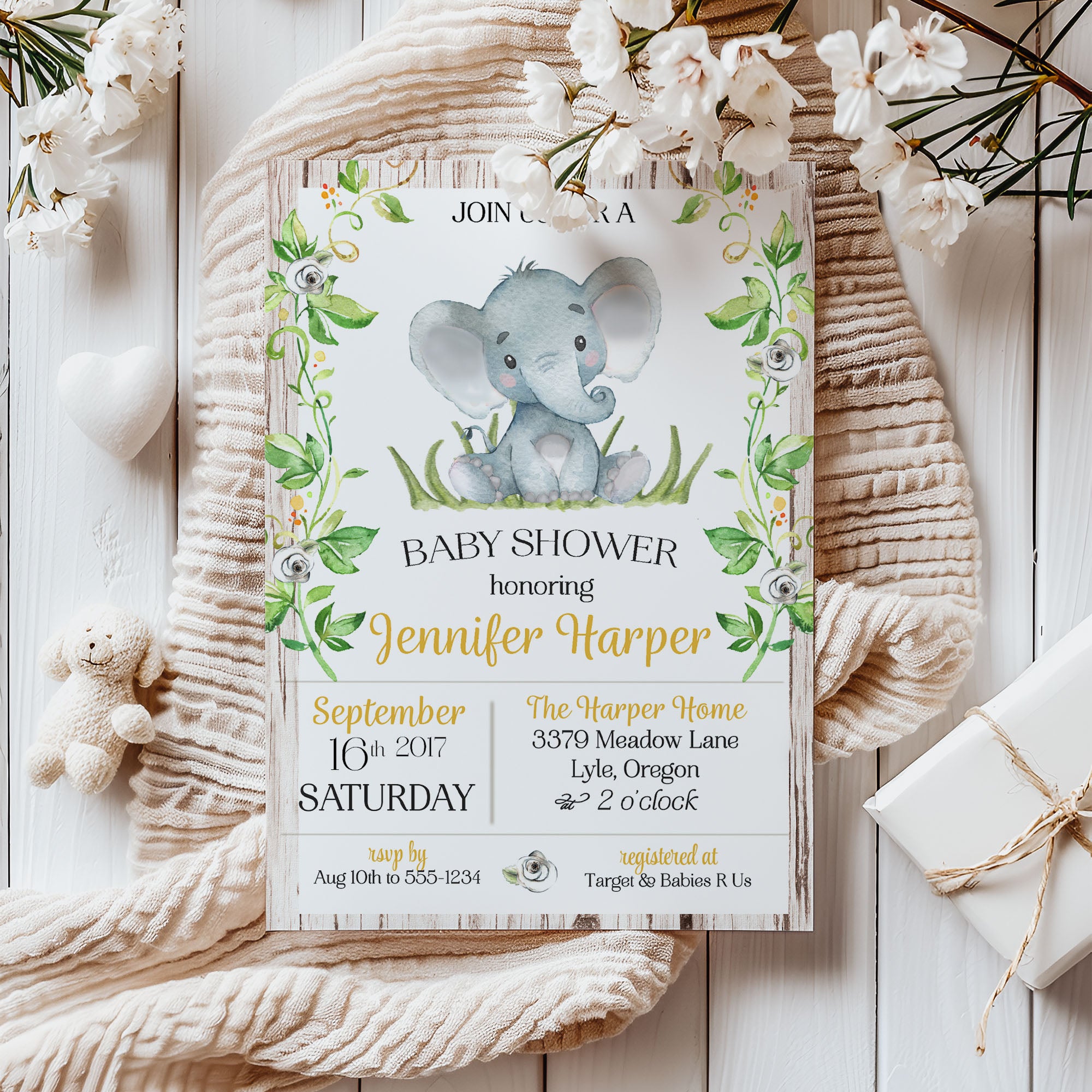 Rustic Elephant Gender Neutral Yellow Baby Shower Invitation