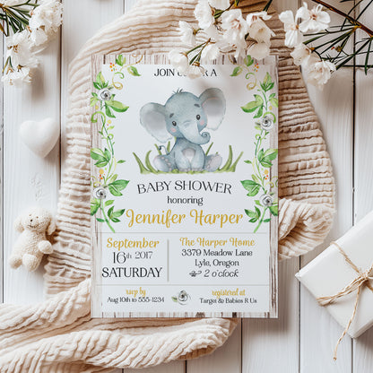 Rustic Elephant Gender Neutral Yellow Baby Shower Invitation