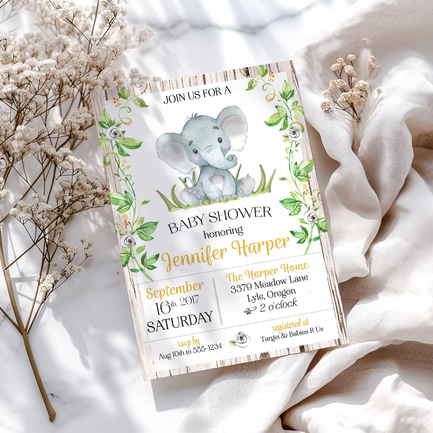 Rustic Elephant Gender Neutral Yellow Baby Shower Invitation