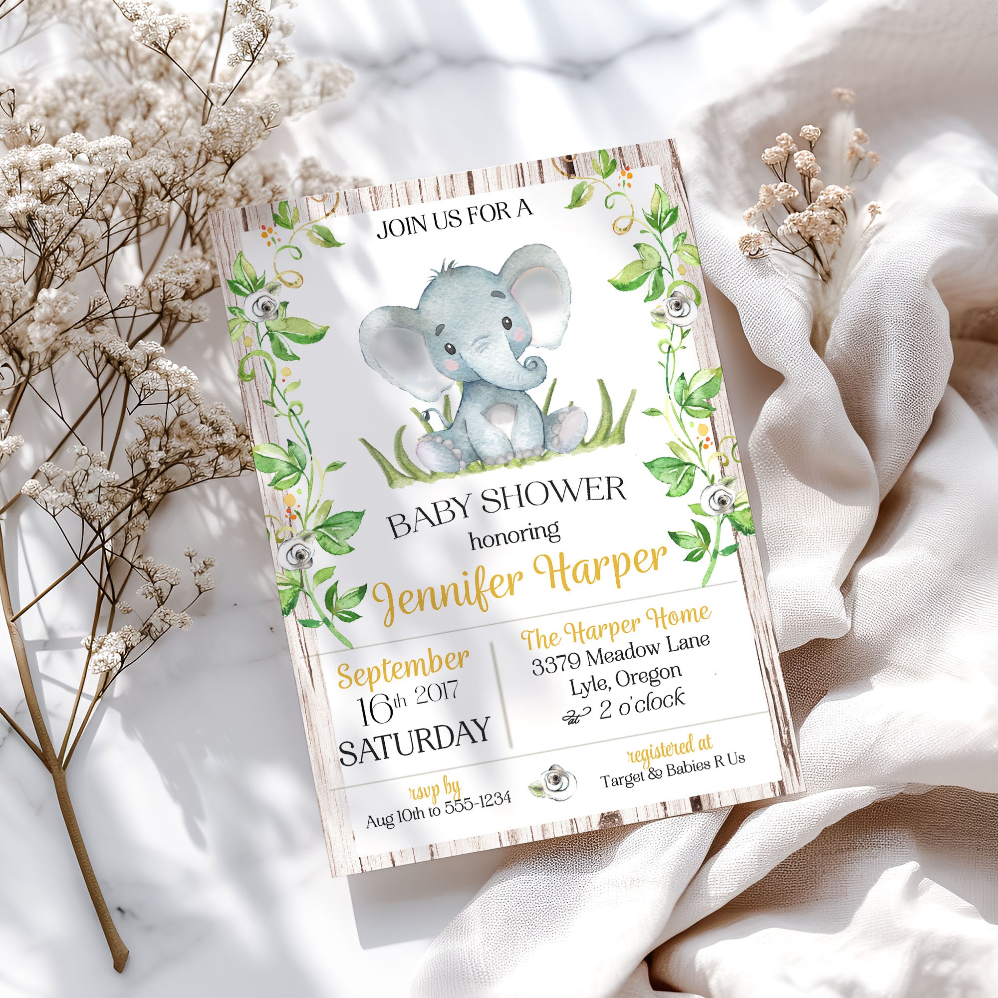 Rustic Elephant Gender Neutral Yellow Baby Shower Invitation