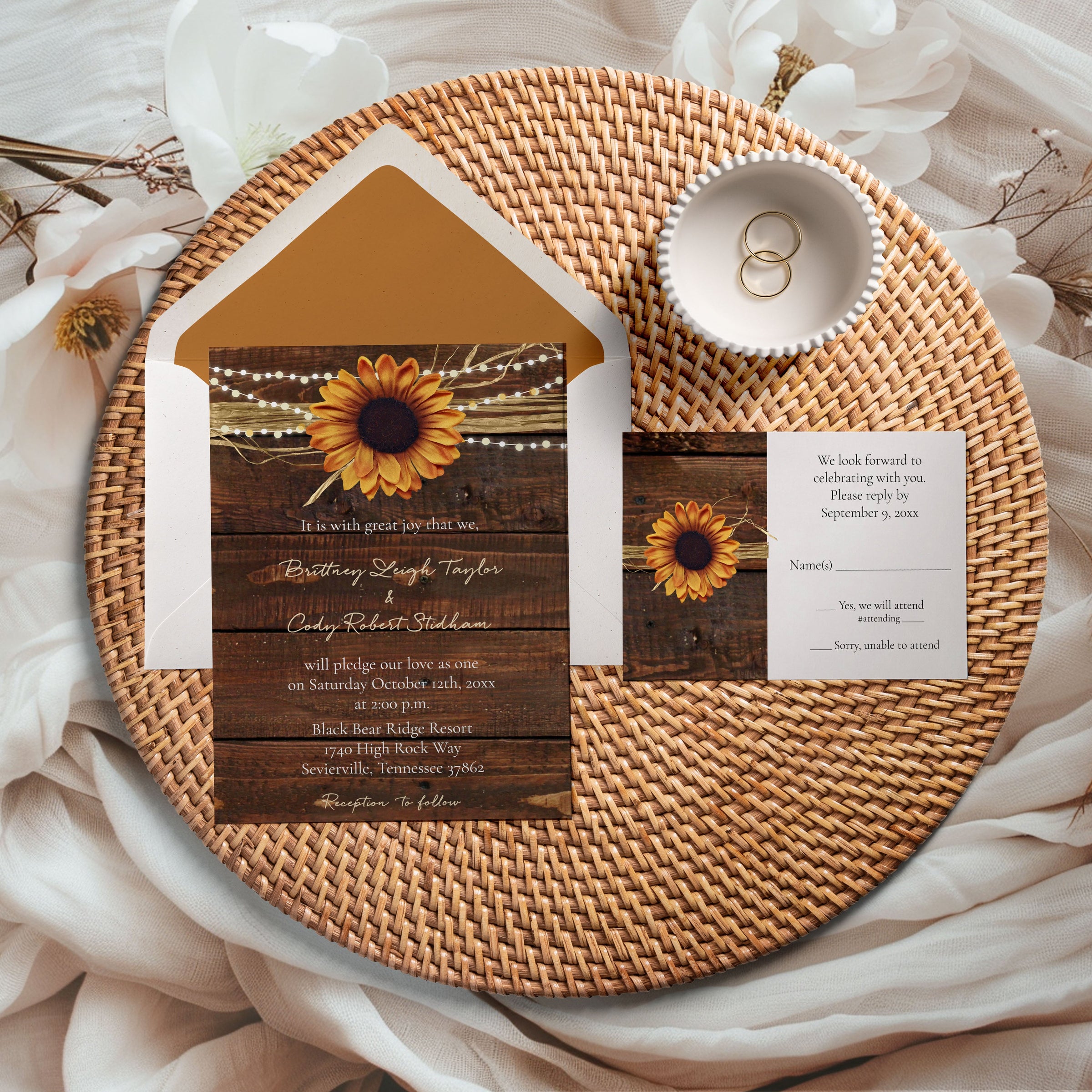 Rustic Sunflower Country Barn with Hanging Lights Wedding Invitation Suite