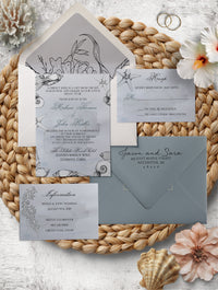 Shell Watercolor Baby Blue Beach Wedding Invitation