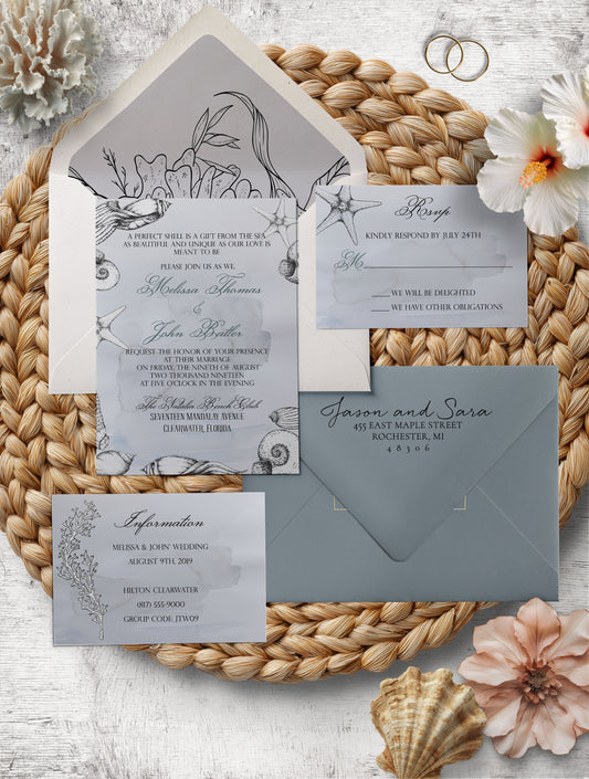 Shell Watercolor Baby Blue Beach Wedding Invitation