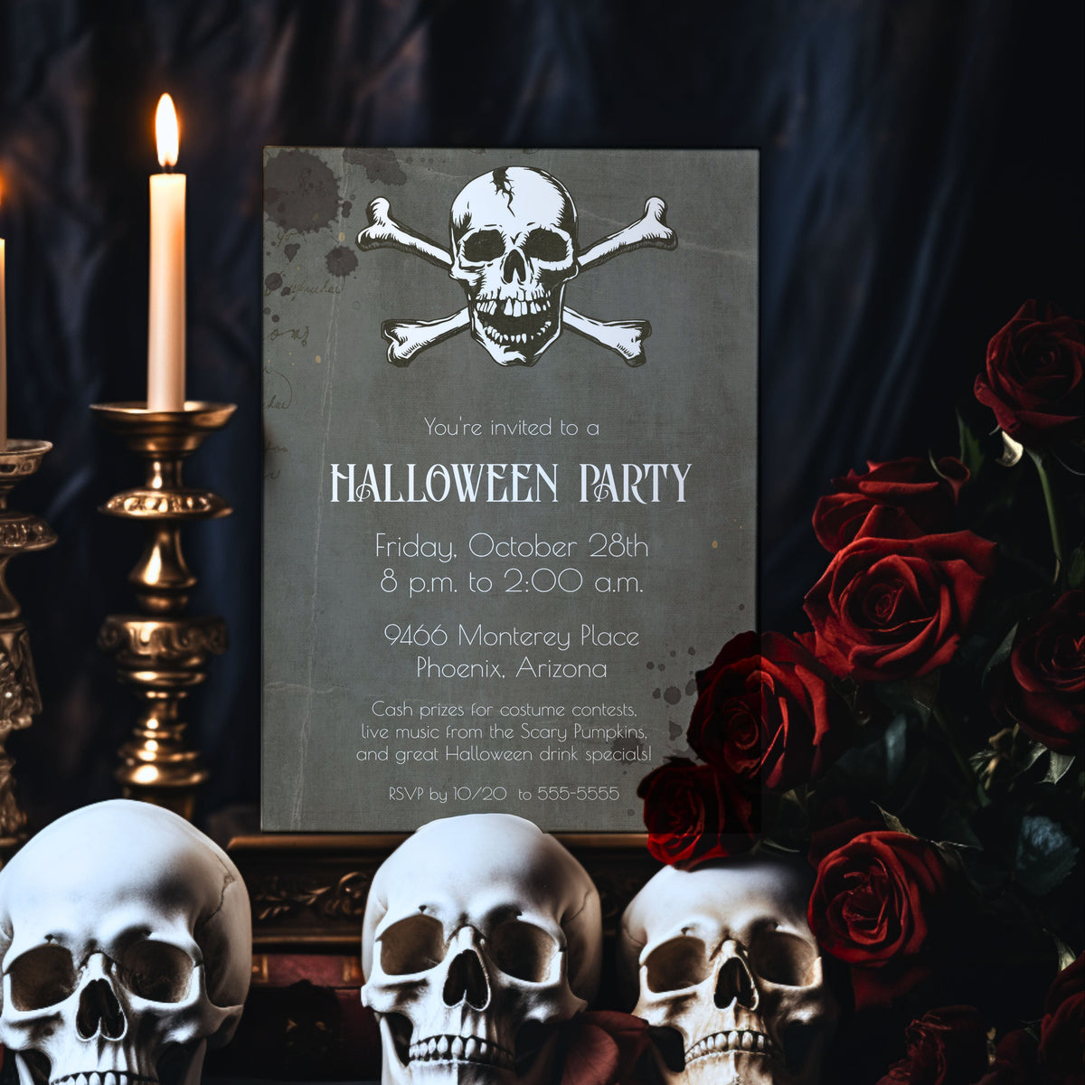 A Halloween party invitation card featuring a skull and crossbones design on a dark textured background, styled with three white skulls, red roses, and lit candles on a dark draped backdrop.