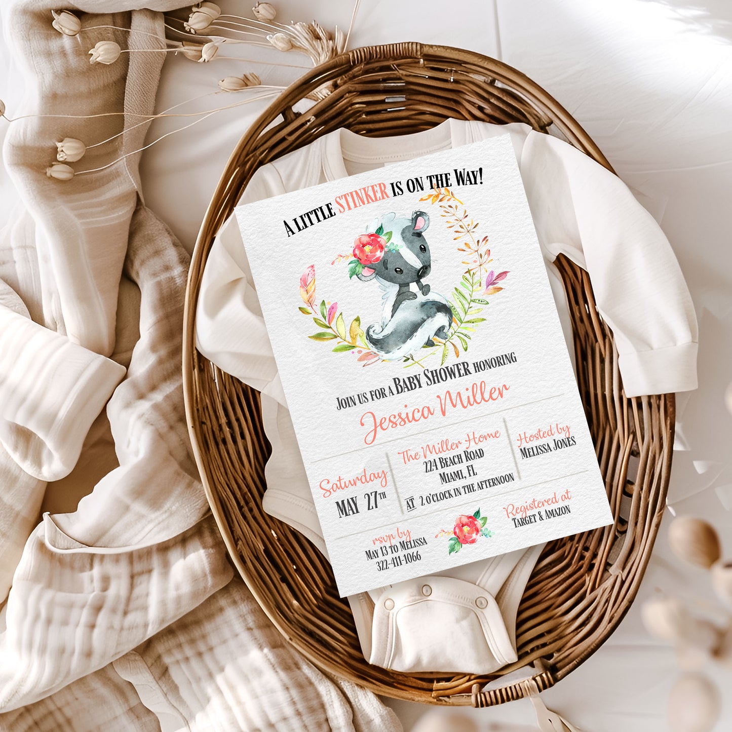 Little Stinker is on the Way- Skunk Baby Shower Invitation