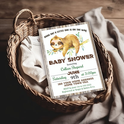 Hang On! A little one is on the Way - Sleeping Sloth Baby Shower Invitation