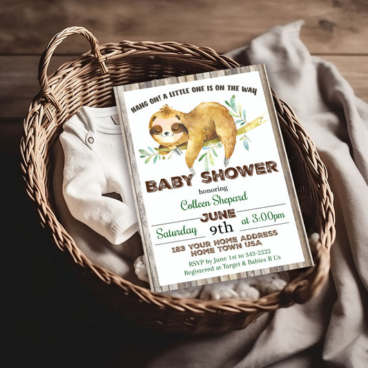 Hang On! A little one is on the Way - Sleeping Sloth Baby Shower Invitation