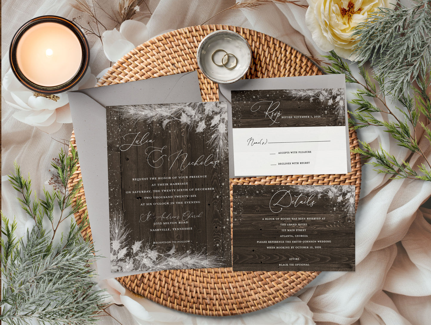 Wedding invitation set on a woven tray with floral decorations