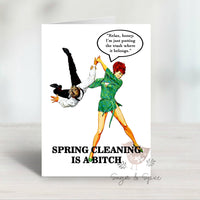 Card with illustration of a woman and text about spring cleaning on a white background