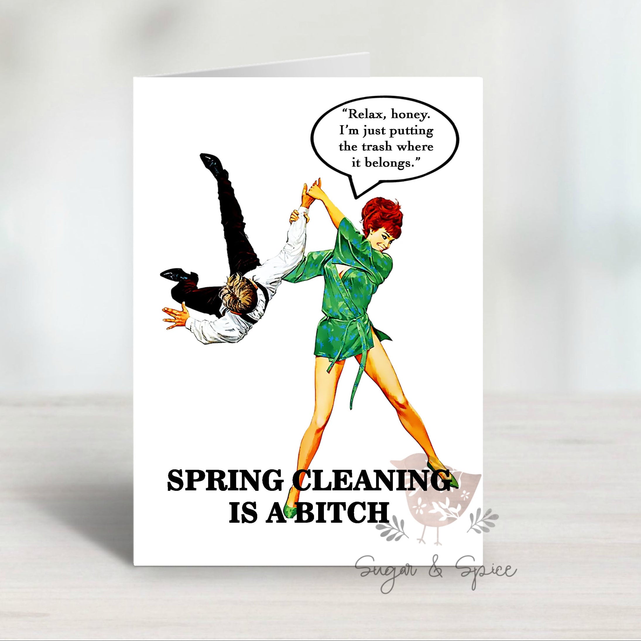 Card with illustration of a woman and text about spring cleaning on a white background