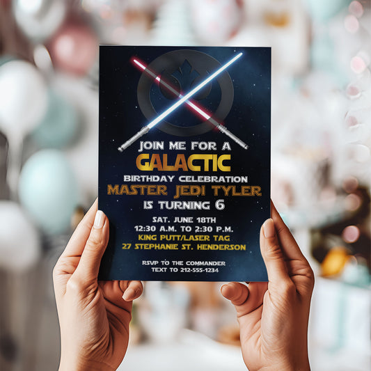 Galactic Space Star Wars Light Saber Birthday Invitation