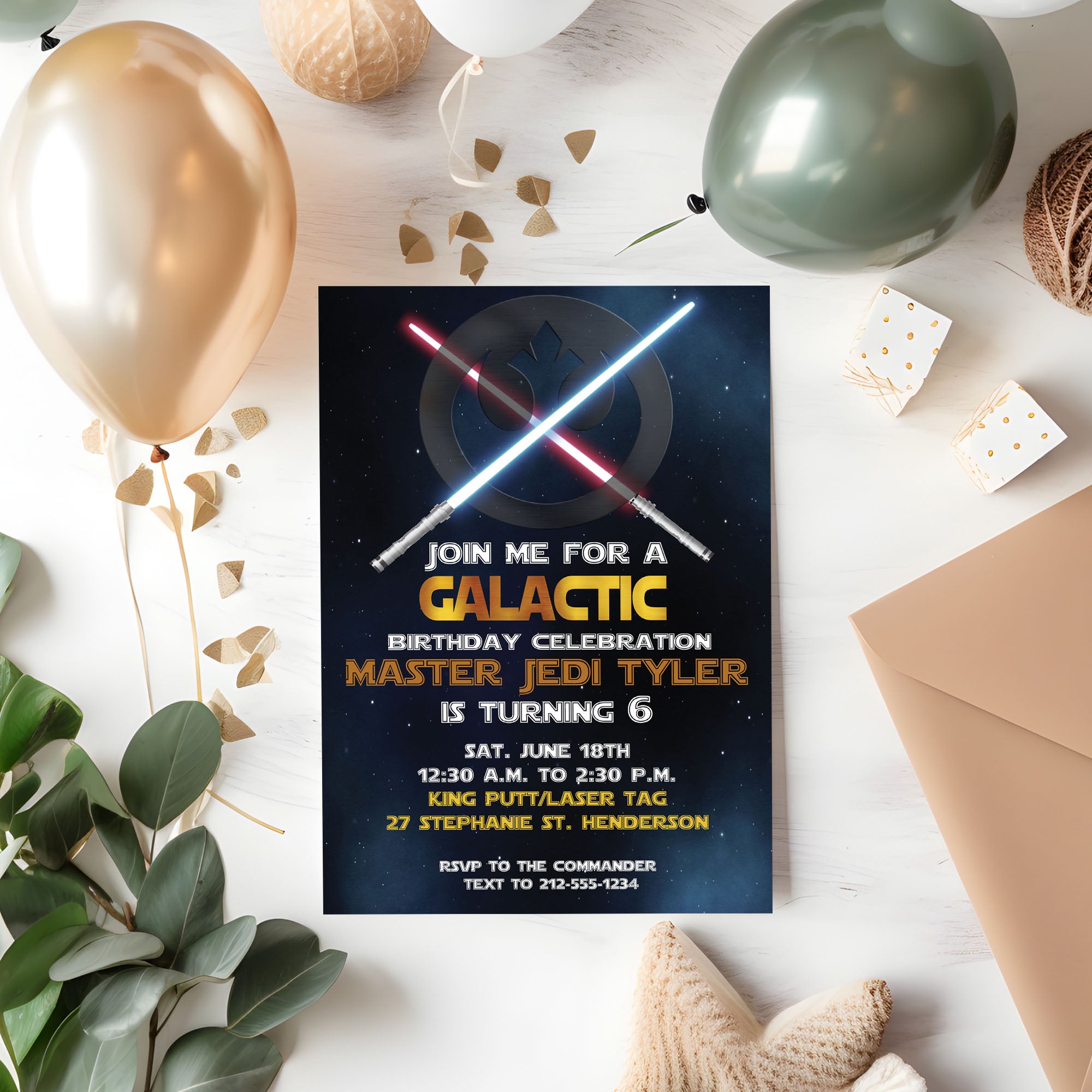 Galactic Space Star Wars Light Saber Birthday Invitation