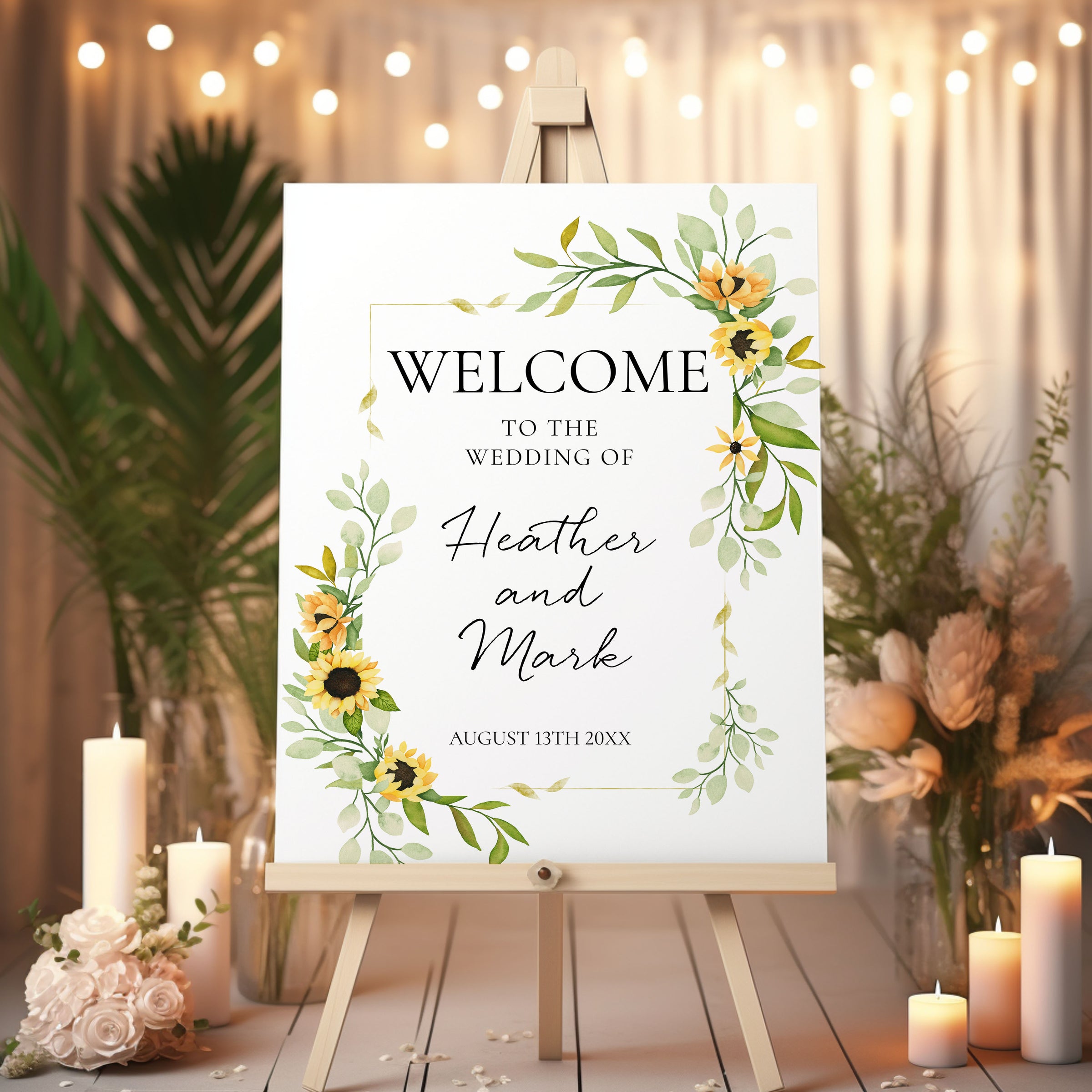 Sunflower with Gold Frame Bridal or Wedding Welcome Sign