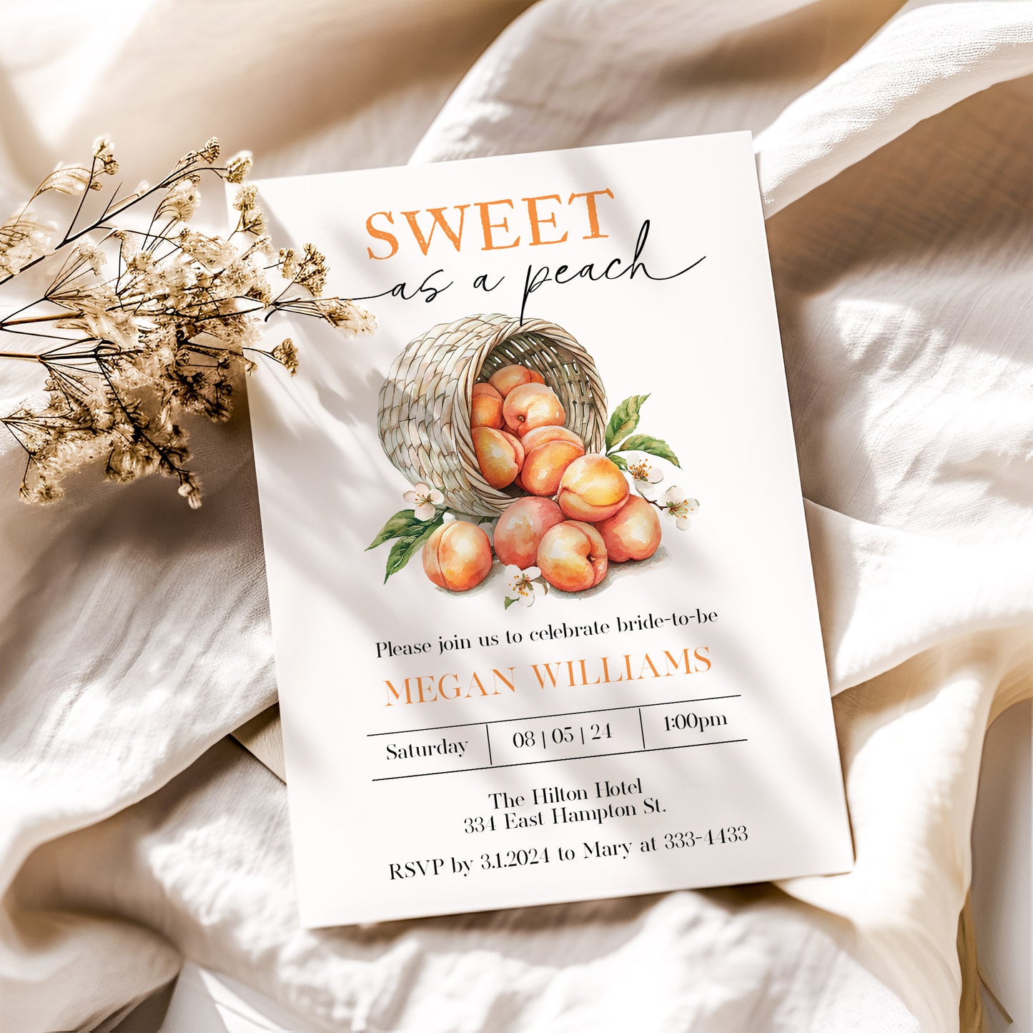 Sweet as a Peach Bridal Shower Invitation Template Editable Invitation Corjl Digital Download