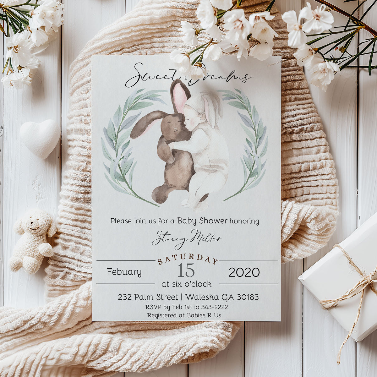 Sweet Dreams Stuffed Bunny Baby Shower Invitation