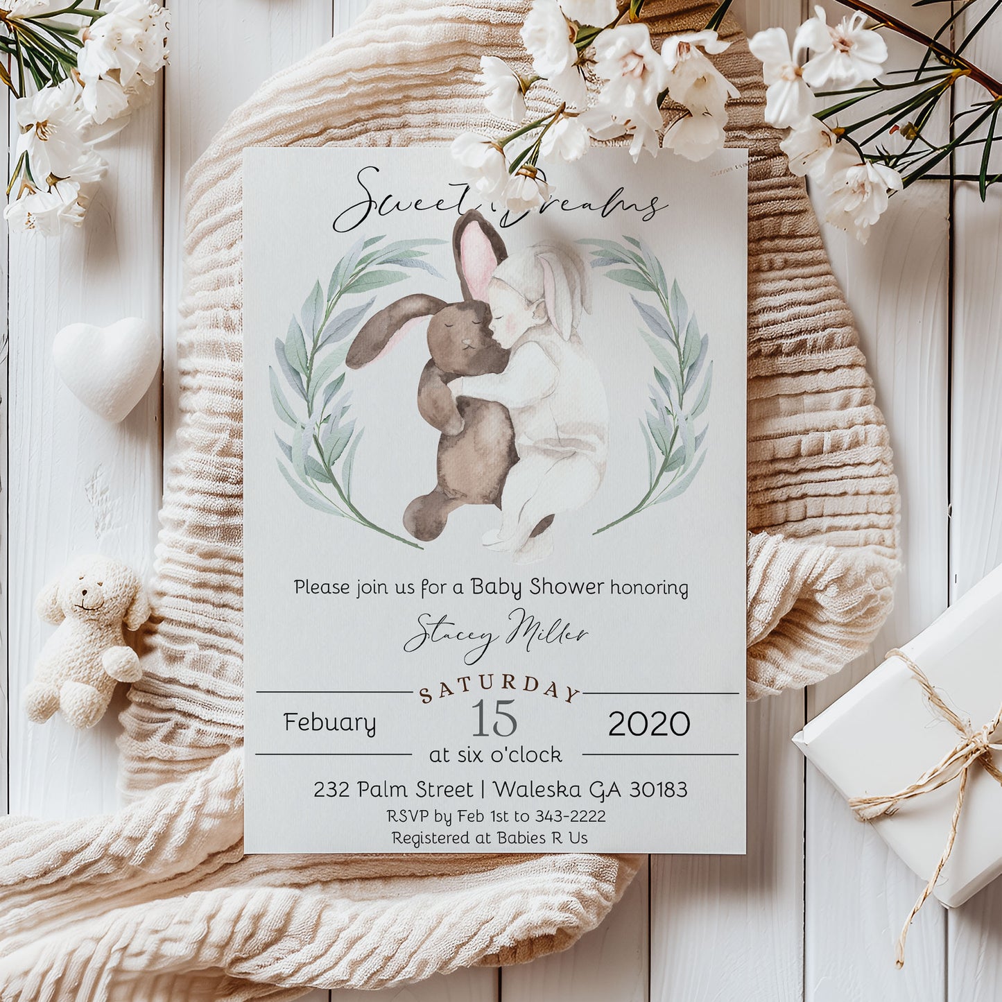 Sweet Dreams Stuffed Bunny Baby Shower Invitation