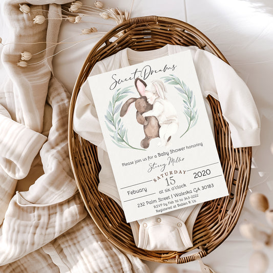 Sweet Dreams Stuffed Bunny Baby Shower Invitation