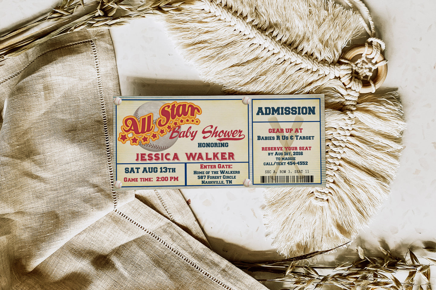 All Star Baseball Ticket Baby Shower Invitation