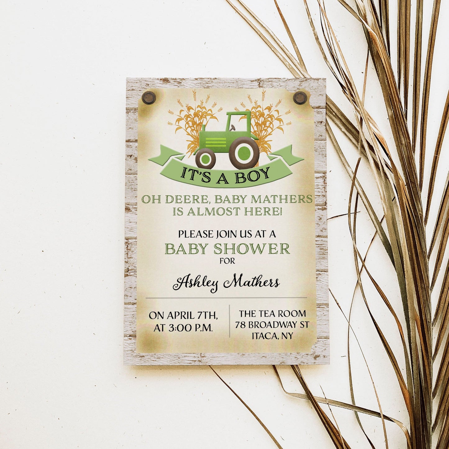 Green Tractor Farm Baby Shower Invitation Template Editable Invitation Corjl Digital Download