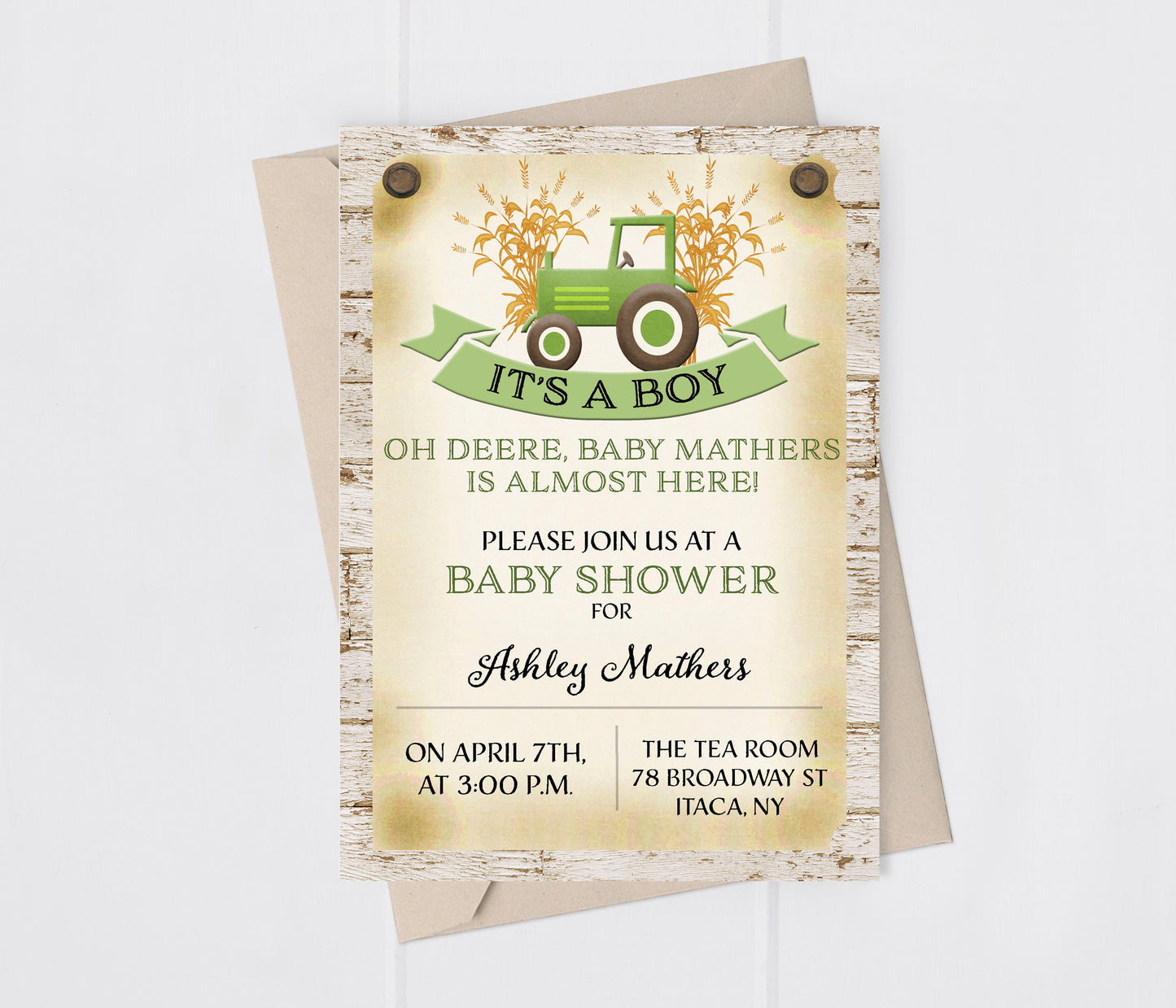 Green Tractor Farm Baby Shower Invitation Template Editable Invitation Corjl Digital Download