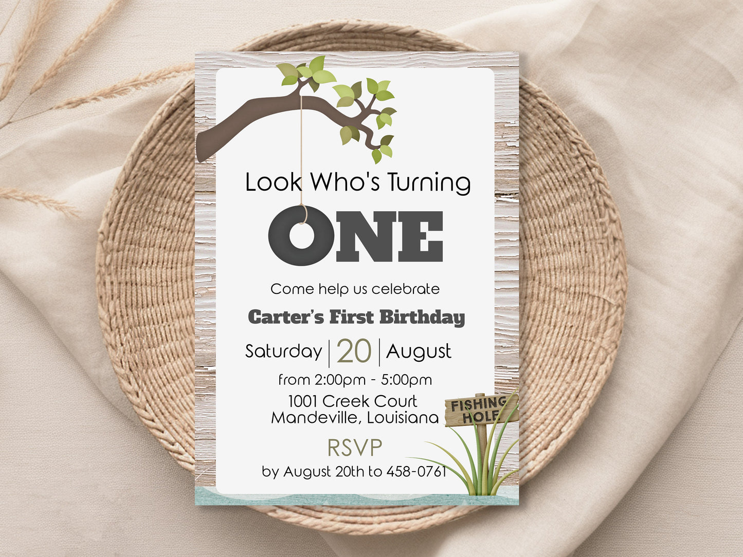 Look Who's Turning One First Birthday Invitation - Fishing Hole with Tire Swing