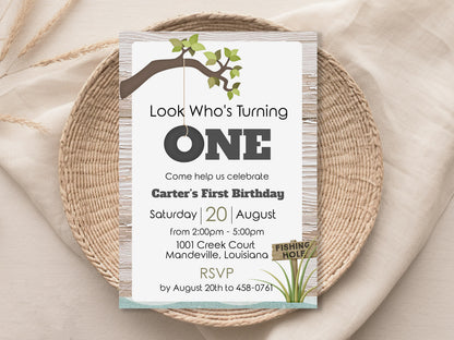 Look Who's Turning One First Birthday Invitation - Fishing Hole with Tire Swing
