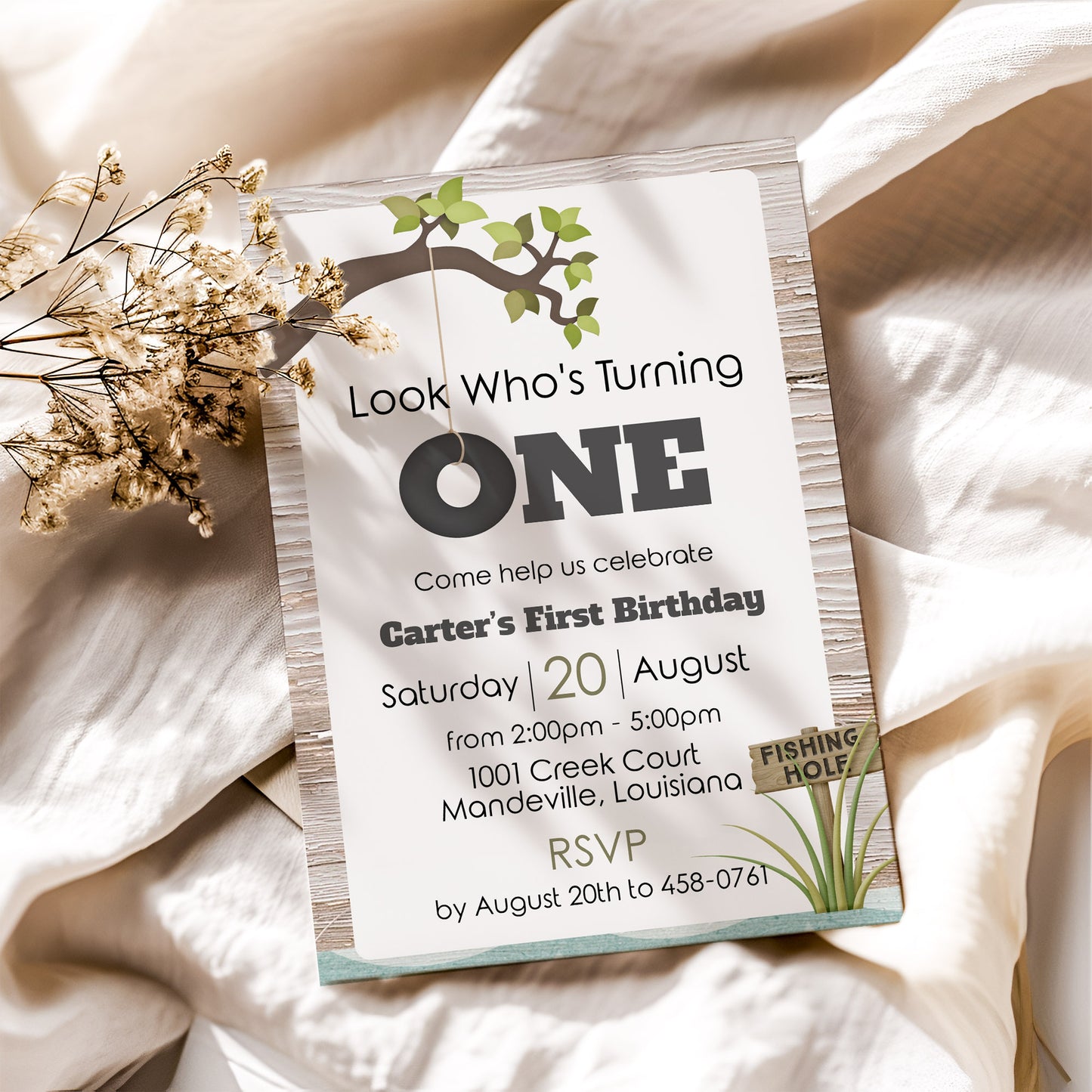 Look Who's Turning One First Birthday Invitation - Fishing Hole with Tire Swing
