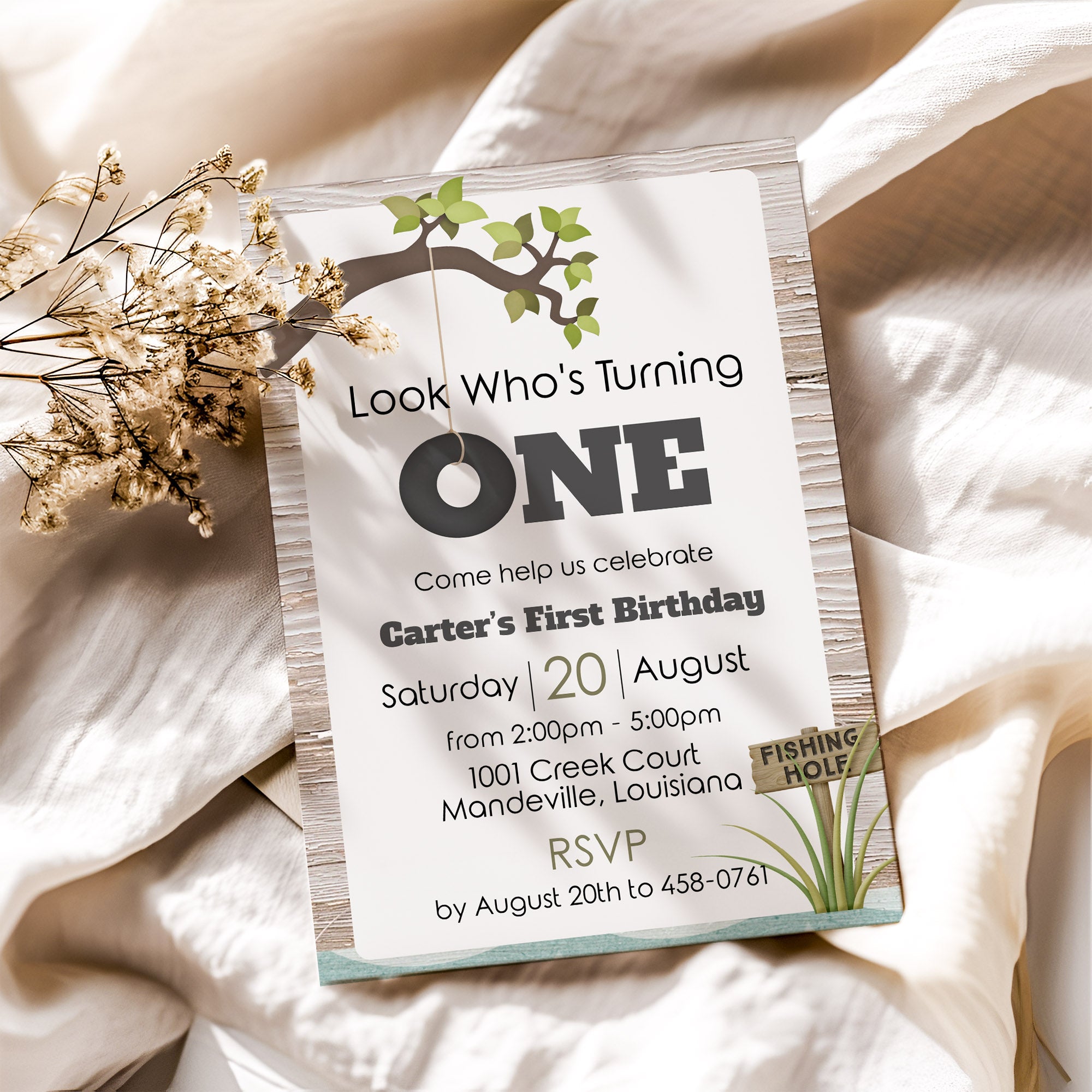 Look Who's Turning One First Birthday Invitation - Fishing Hole with Tire Swing