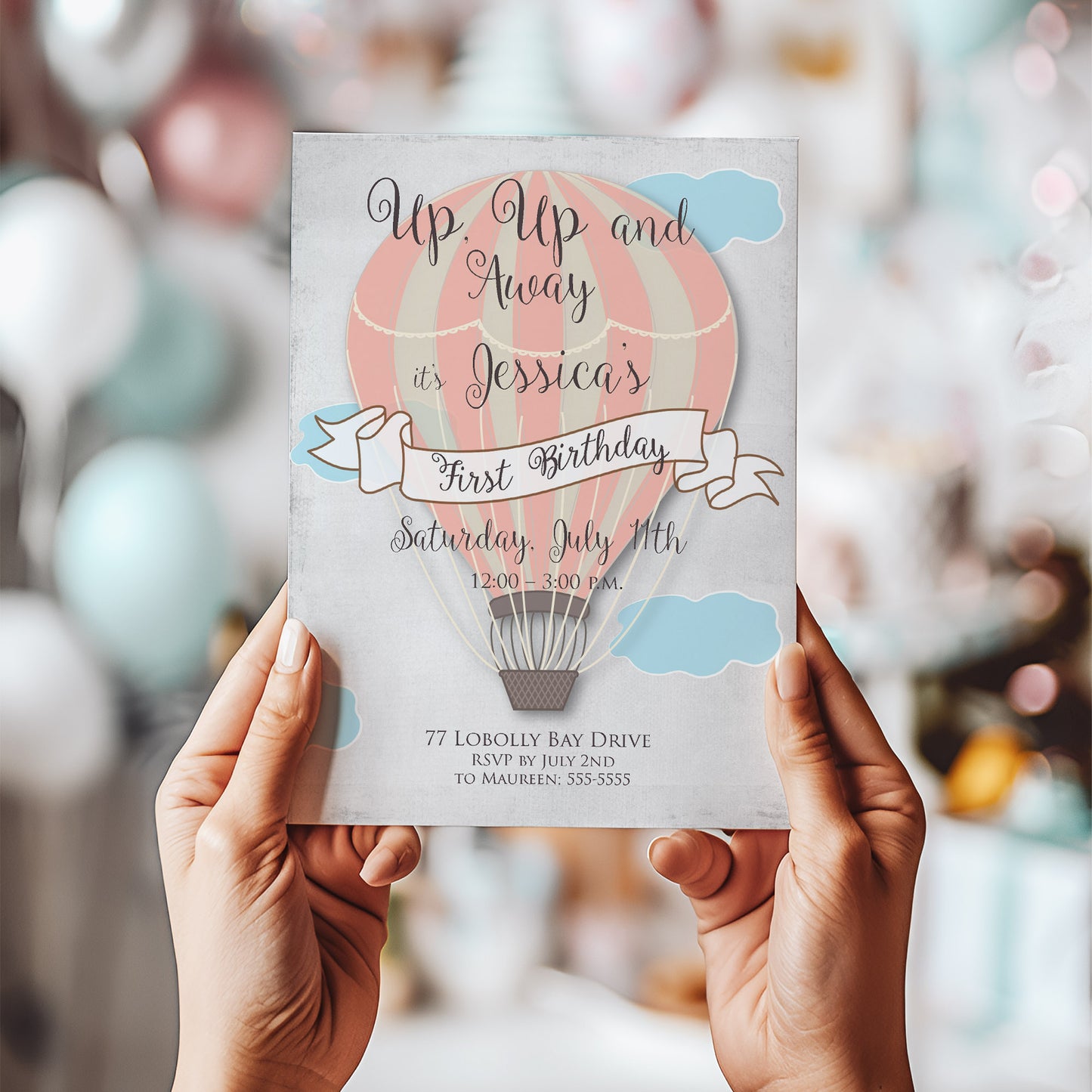 Hot Air Balloon Custom Color First Birthday Invitation