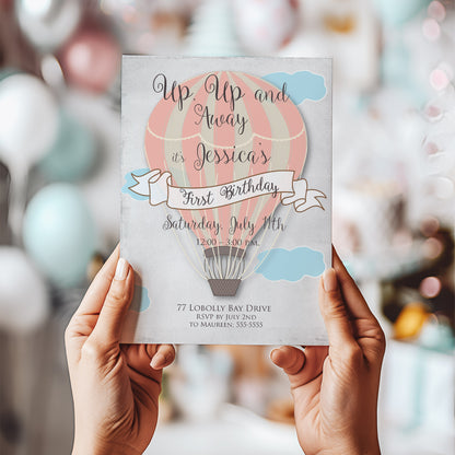 Hot Air Balloon Custom Color First Birthday Invitation