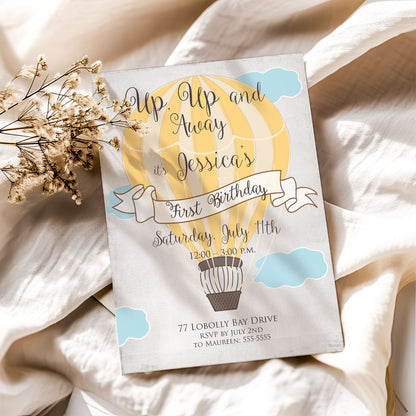 Hot Air Balloon Custom Color First Birthday Invitation