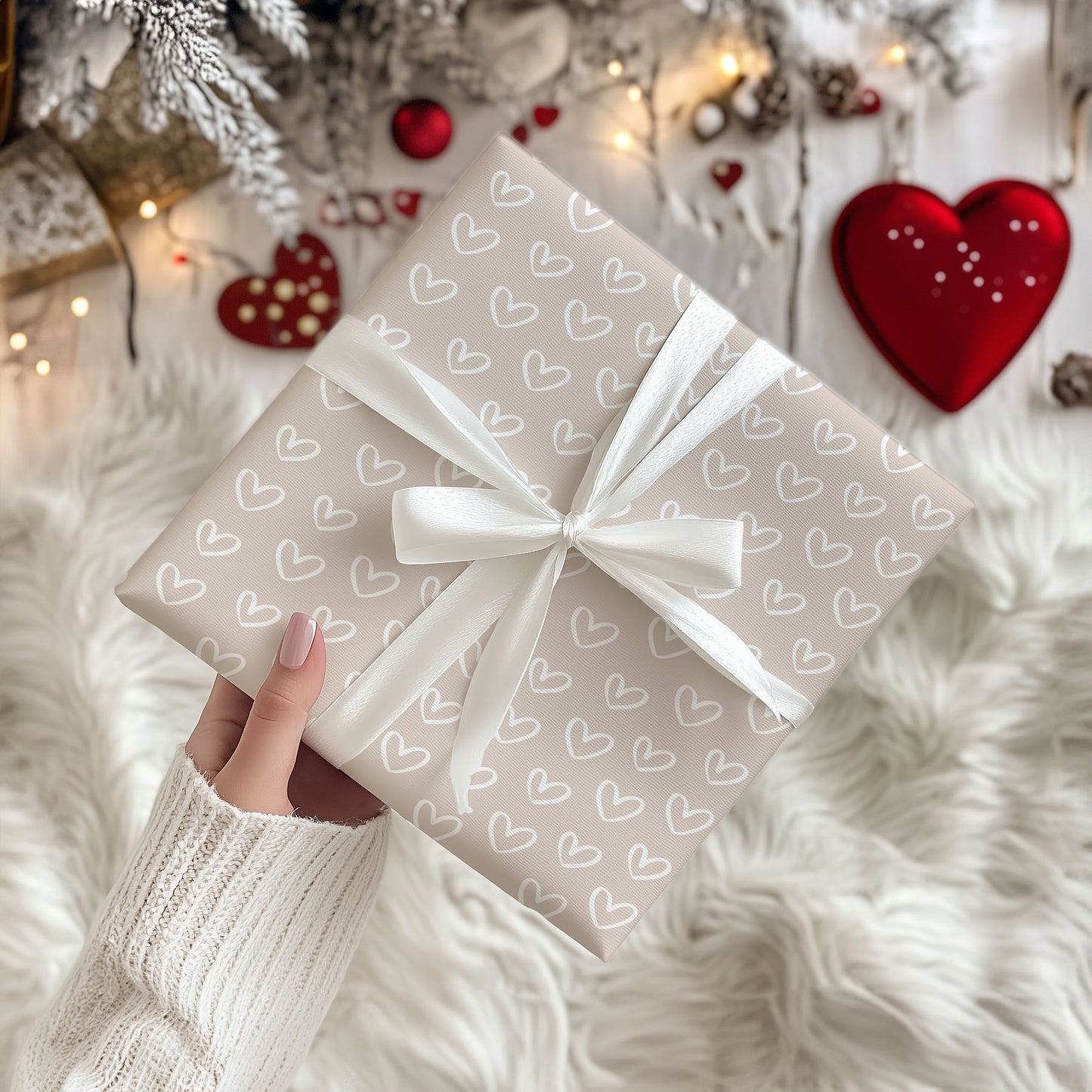 Valentine Beige Hearts Wrapping Paper Sheets