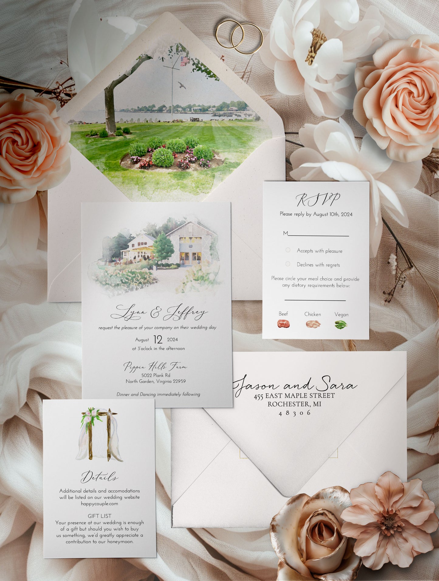 Watercolor Custom Venue Wedding Invitation Suite-Upload your Venue