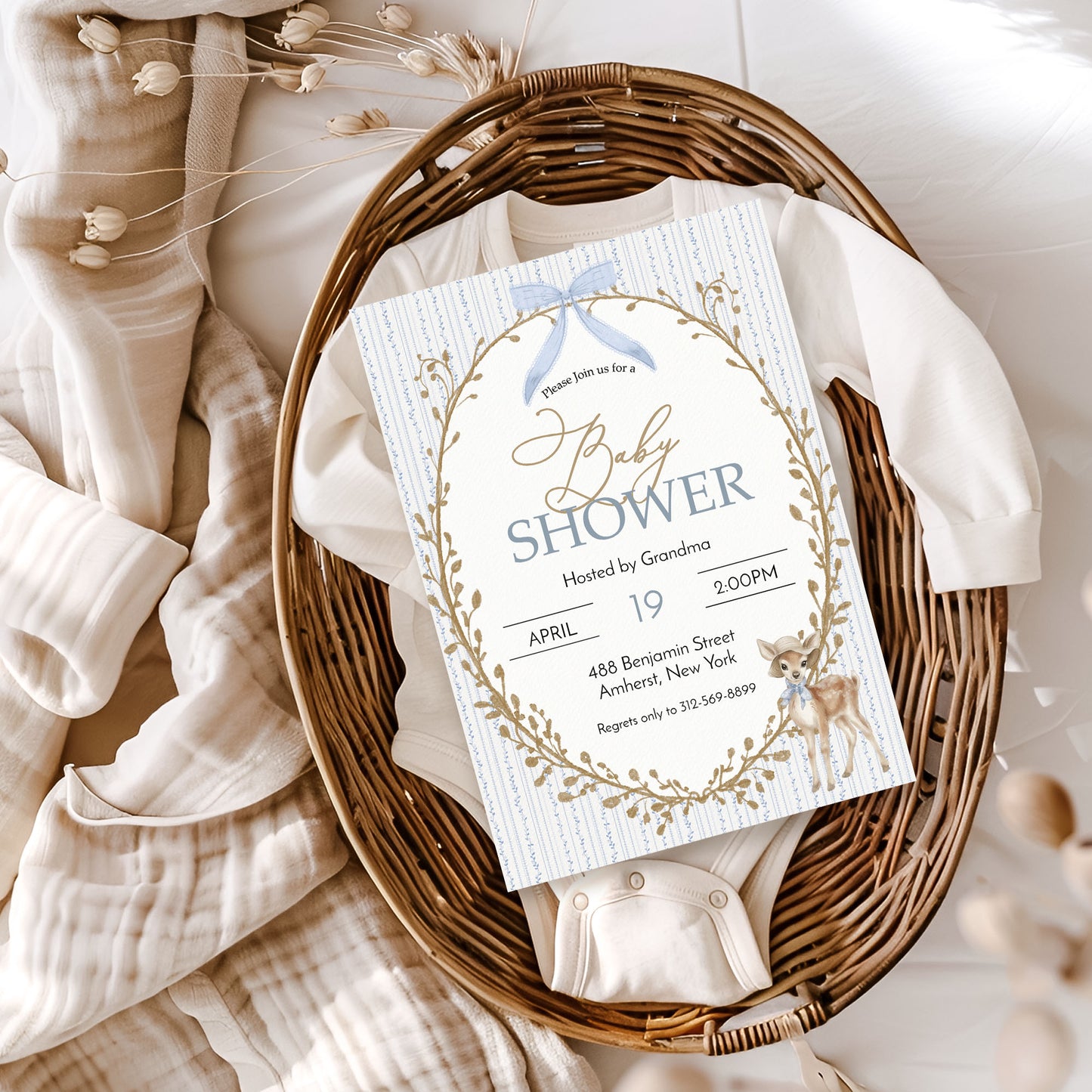 Vintage Deer Blue Baby Shower Invitation Template Editable Invitation Corjl Digital Download