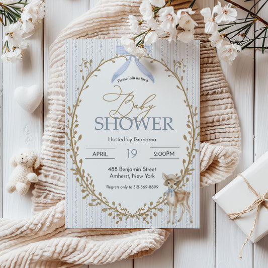 Vintage Deer Blue Baby Shower Invitation Template Editable Invitation Corjl Digital Download