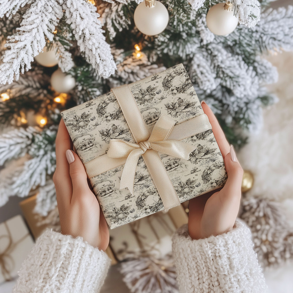 A person holds a square gift box wrapped in beige and black toile patterned paper with a cream ribbon bow, in front of a decorated Christmas tree.