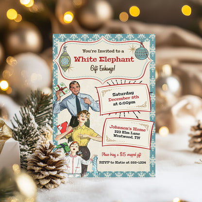 Vintage Retro Family Fun White Elephant Christmas Invitation