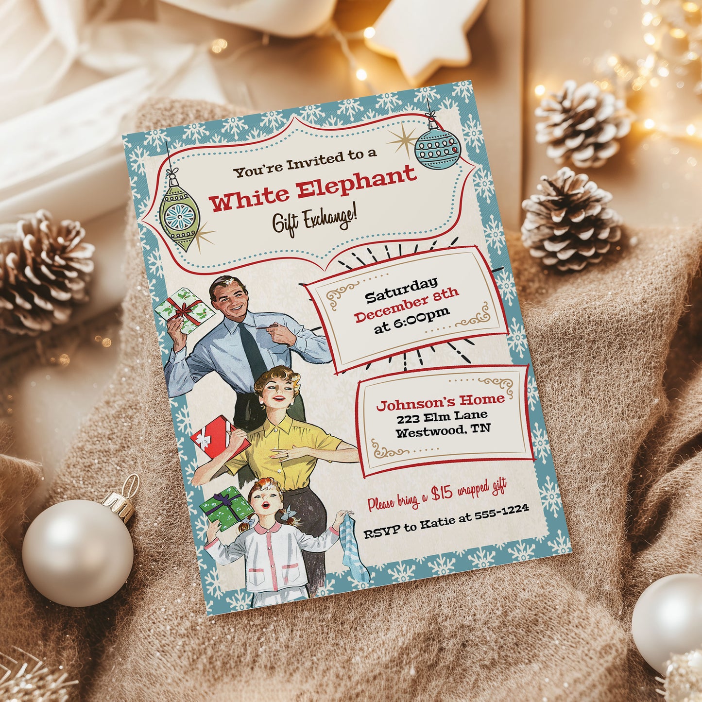 Vintage Retro Family Fun White Elephant Christmas Invitation