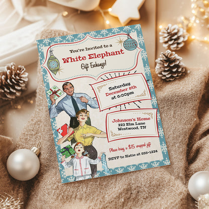 Vintage Retro Family Fun White Elephant Christmas Invitation