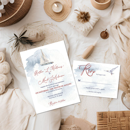 Watercolor Nautical SailBoat Wedding Invitation