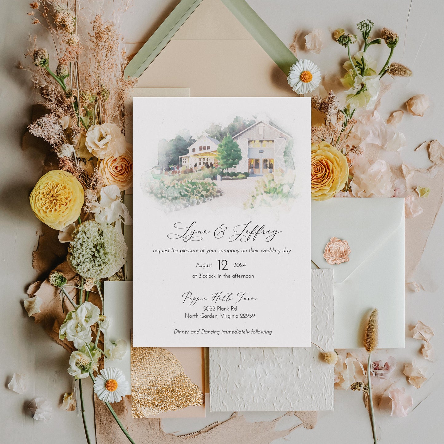 Watercolor Custom Venue Wedding Invitation Suite-Upload your Venue
