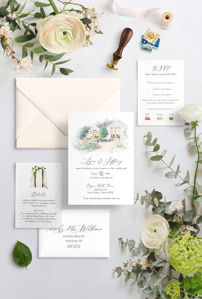 Watercolor Custom Venue Wedding Invitation Suite-Upload your Venue
