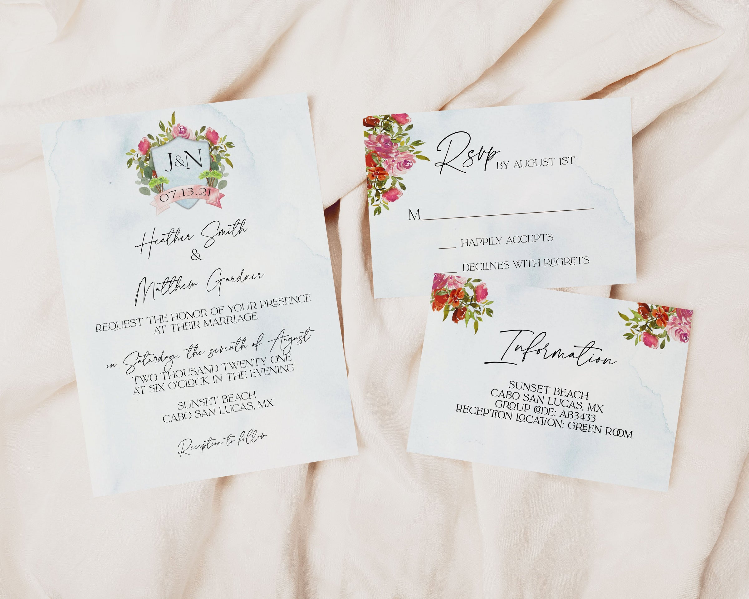 Cabo Mexico Watercolor Wedding Invitation Suite with Timeline & Map