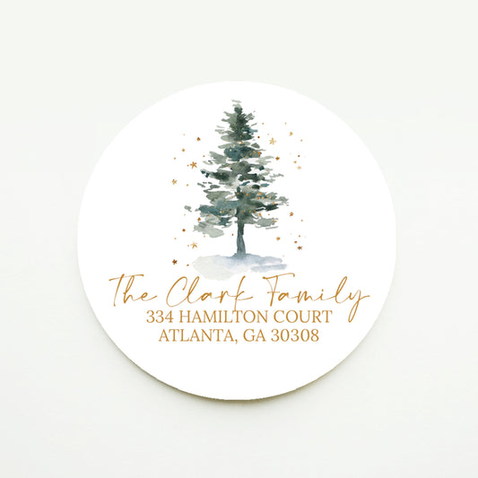 Gold Watercolor Christmas Tree Return Address Sticker